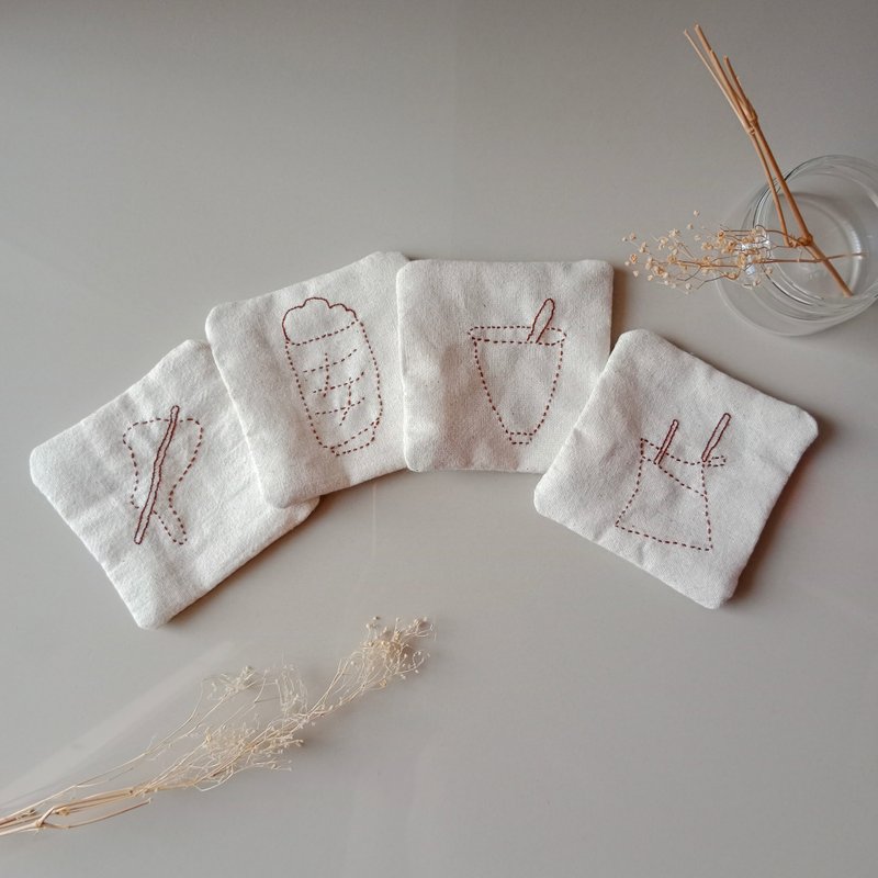 Thai street food coaster set hand embroidered 4 PCS - 杯墊 - 棉．麻 白色