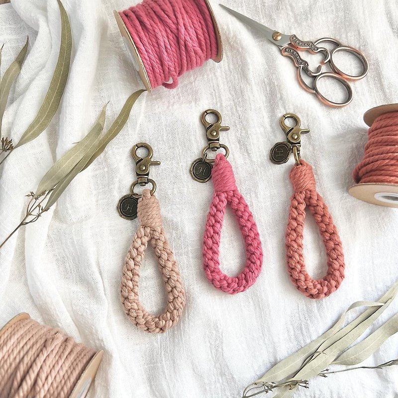 Pink cotton rope braided pendant x key ring | bronze clip - Keychains - Cotton & Hemp Pink