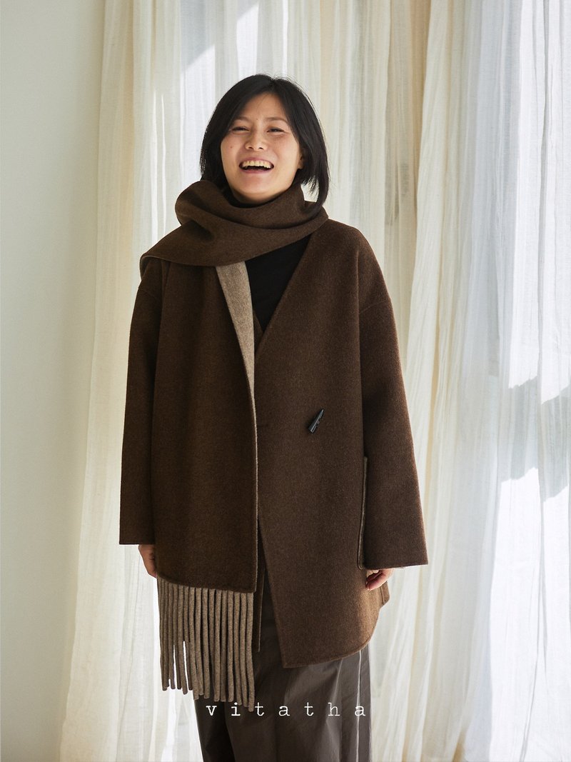 咖啡色 附贈圍巾 秋冬雙面呢長款外套 桑蠶絲羊絨羊毛拼色大衣 - 女大衣/外套 - 羊毛 咖啡色