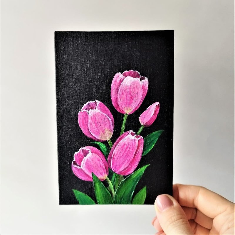 Small wall decor Flower painting acrylic Bouquet art Pink tulips painting 客廳 掛畫 - 壁貼/牆壁裝飾 - 壓克力 多色