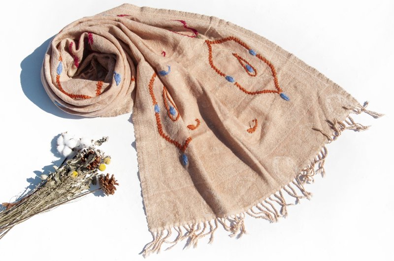 喀什米爾Cashmere/水煮羊毛披肩/針織圍巾/刺繡圍巾/羊絨披巾-花 - 圍巾/披肩 - 羊毛 多色