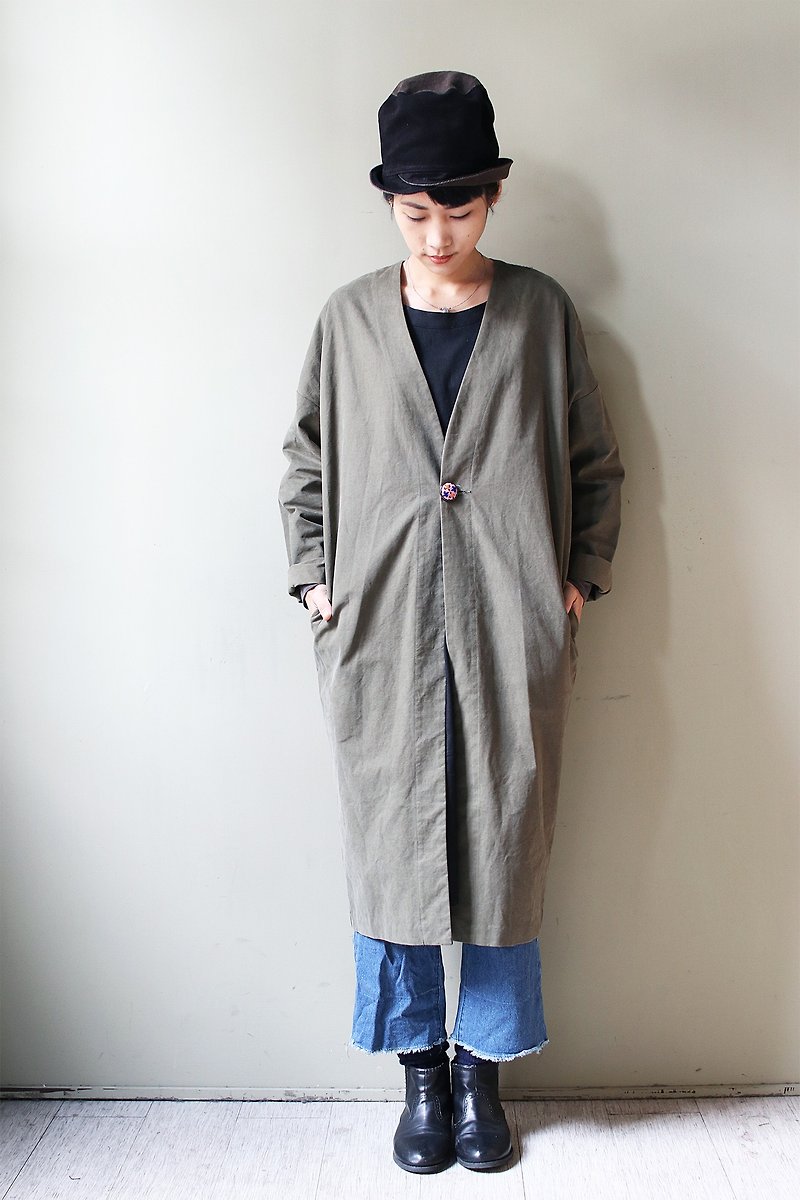 Omake Embroidered Button Penguin Coat - Army Green - Women's Casual & Functional Jackets - Cotton & Hemp Green