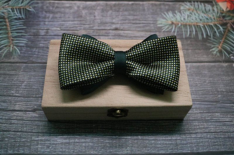 Dark green small diamond lattice silk double layer bow tie / Wedding bridegroom - Ties & Tie Clips - Silk Green