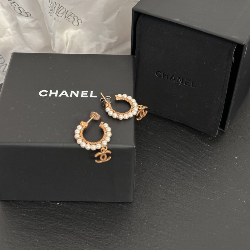 CHANEL 香奈兒 CC 珍珠 金色 圓圈耳環 - 耳環/耳夾/耳骨夾 - 其他金屬 橘色