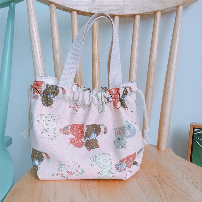 Printed cotton and linen canvas bag, hand-held rope bag, meal bag, cat - กระเป๋าถือ - ผ้าฝ้าย/ผ้าลินิน 