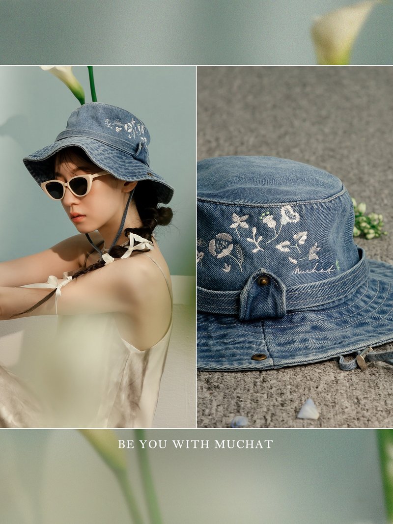 Summer Etude. MUCHAT handmade floral and leaf embroidered denim fisherman hat - หมวก - เส้นใยสังเคราะห์ สีน้ำเงิน