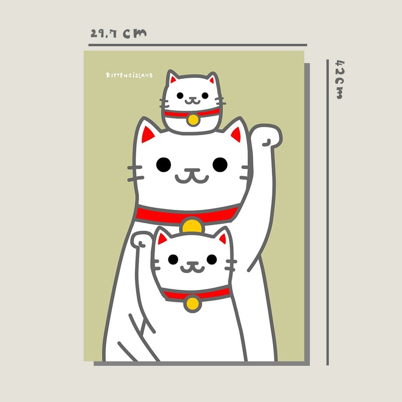 Original A3 poster/three stacks of lucky cats_Dharma white cat/original design/cat/A3 poster/decorative painting/ - Posters - Paper 