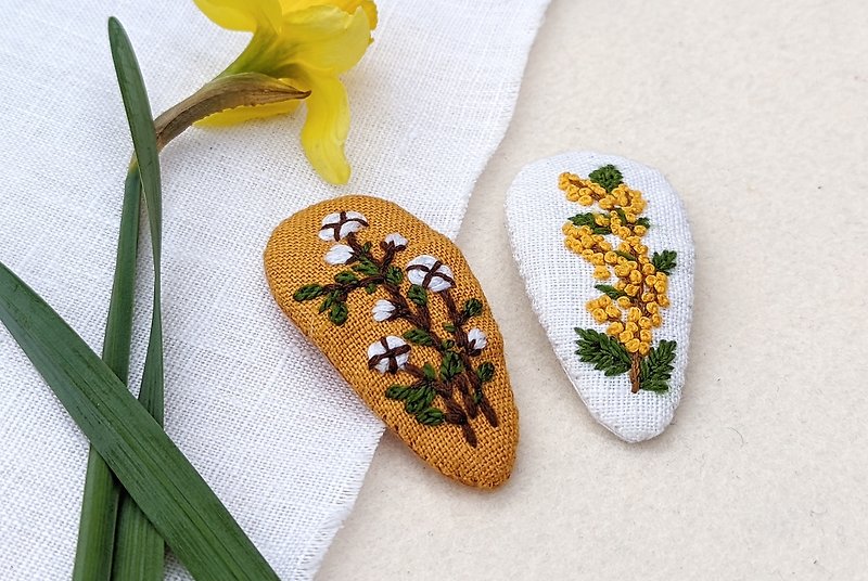 Embroidered hair clip, cotton flowers clip, sea buckthorn barrette, yellow berri - Baby Accessories - Other Materials 
