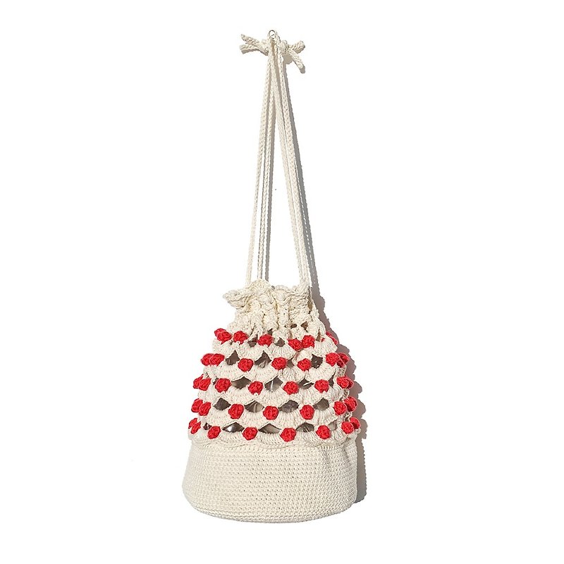 [Mini Bag] Pokopoko Drawstring Shoulder Bag IVORY 2WAY - กระเป๋าแมสเซนเจอร์ - ผ้าฝ้าย/ผ้าลินิน ขาว