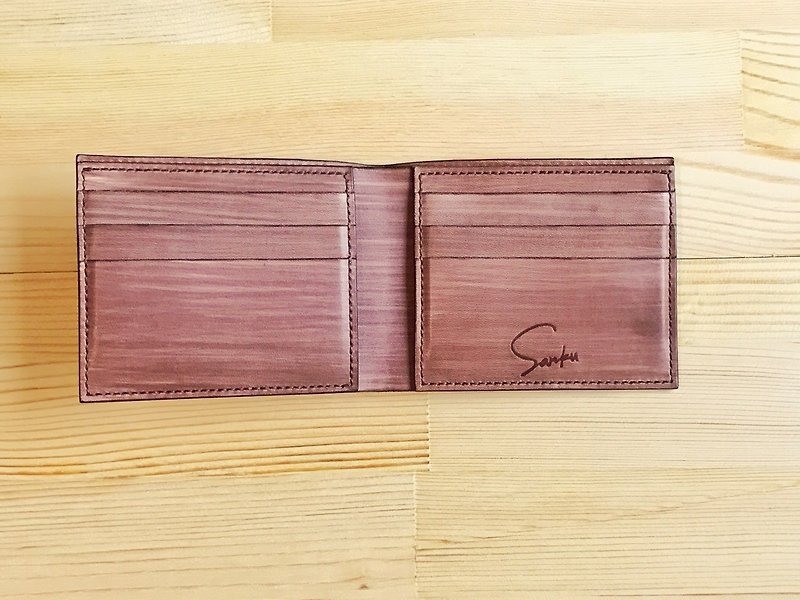 Short clip-wallet-genuine leather hand-made handmade brush pattern - Wallets - Genuine Leather Brown