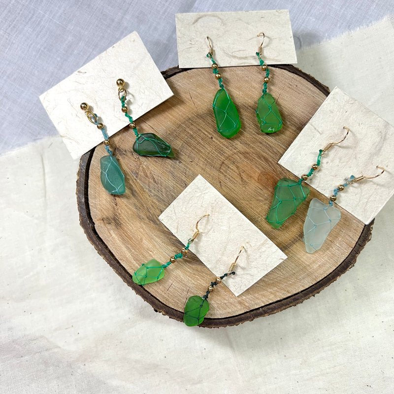 【SISIRE | Sustainability Series】The combination of fishing line and sea glass sea waste creation sea waste jewelry - Earrings & Clip-ons - Glass 