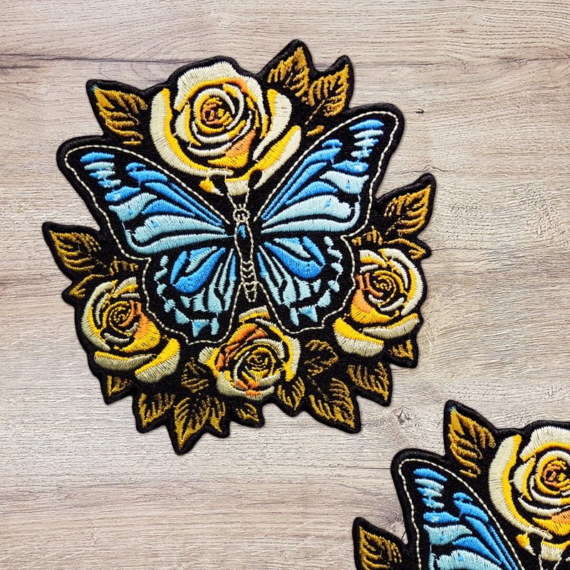【刺繡布貼】蝶舞黃玫瑰 - 貼紙 - 繡線 
