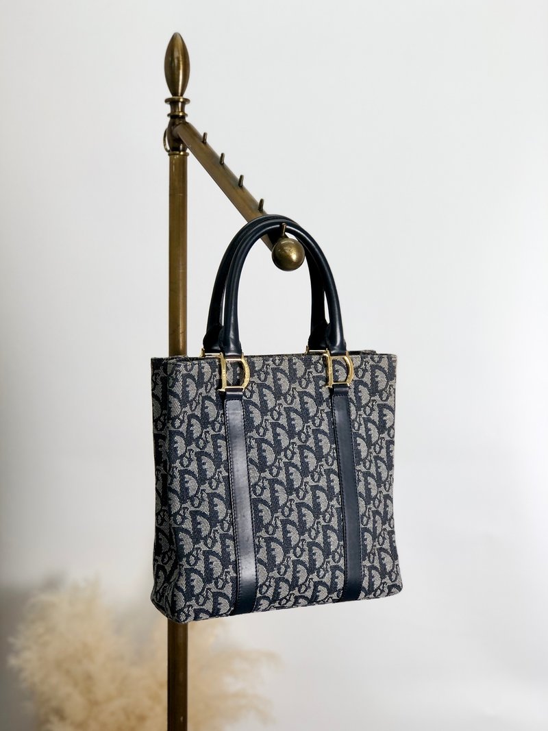 【 日本直送　名牌中古包 】Christian Dior クリスチャン ディオール トロッター ハンドバッグ ネイビー ジャガード vintage zwijzu - 手提包/手提袋 - 棉．麻 藍色