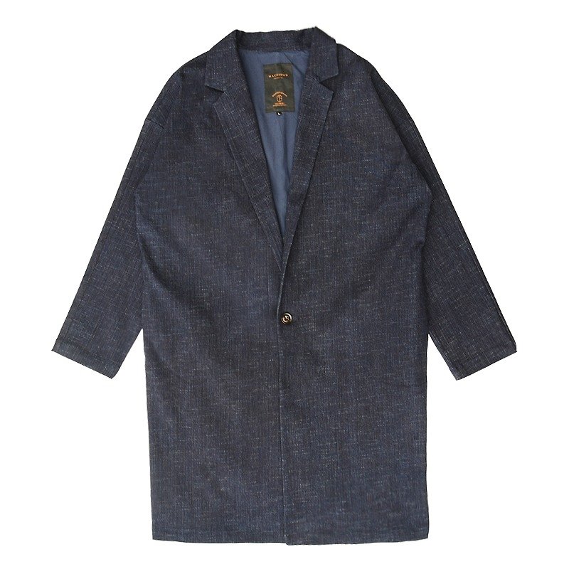 Long-sleeved long-sleeved coat - เสื้อโค้ทผู้ชาย - ผ้าฝ้าย/ผ้าลินิน สีน้ำเงิน