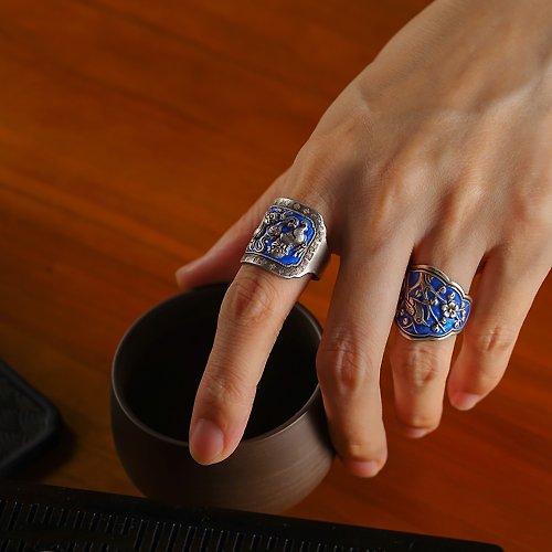 VISHI未時東方美學珠寶 S999足銀燒藍老戒指 未時復古景泰藍琺瑯民族風女式純銀開口指環