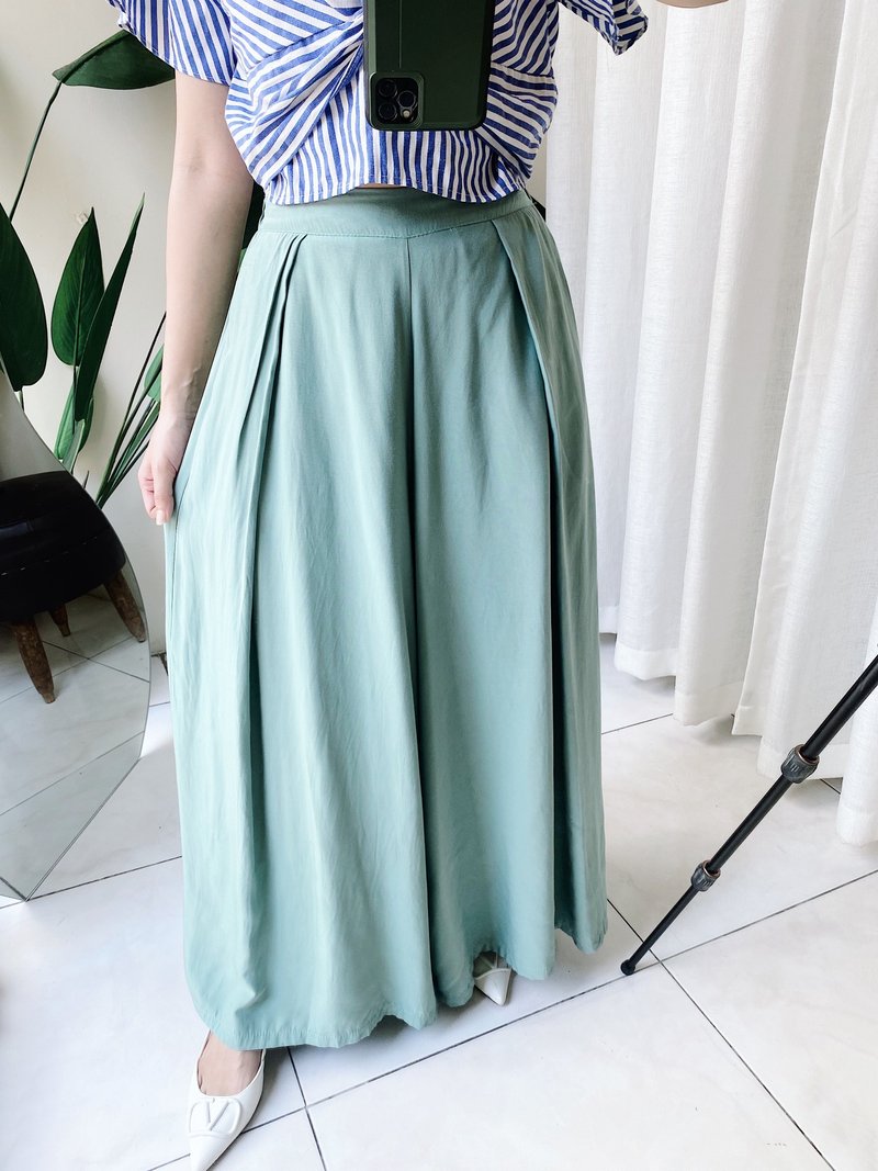 湖水綠青澀大A字布面微光澤 古著棉混絲長褲寬褲 pants vintage - 女長褲 - 聚酯纖維 綠色