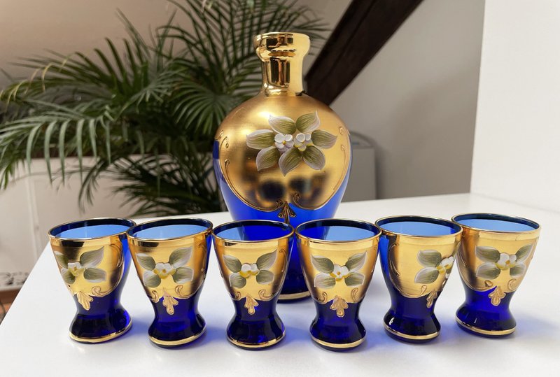 Bohemia - Vintage crystal carafe and 6 glasses - 飲料提袋/杯套/杯袋 - 玻璃 藍色