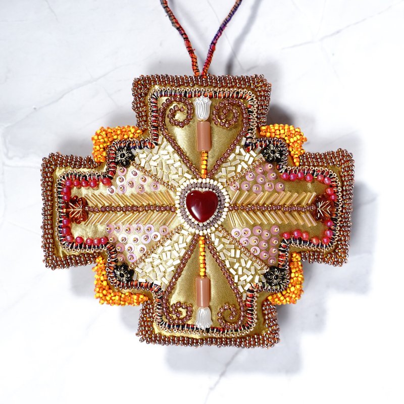 Beaded Cross Ornament No.2– Yellow and Red | Unique Shape | One of a Kind - Items for Display - Polyester Yellow