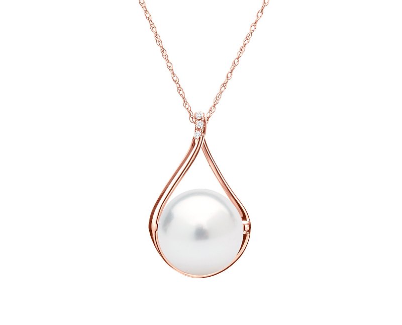 14k Pearl Necklace, White Stone Pendant, June Birthstone Solid Rose Gold Pendant - Collar Necklaces - Pearl White