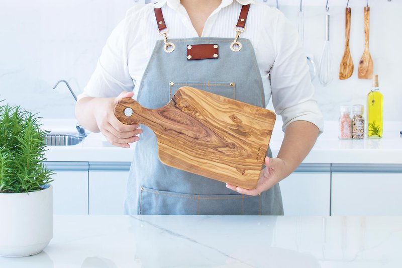 Face handle 35 cm-classic size olive wood tray-brunch - ถาดเสิร์ฟ - ไม้ สีนำ้ตาล