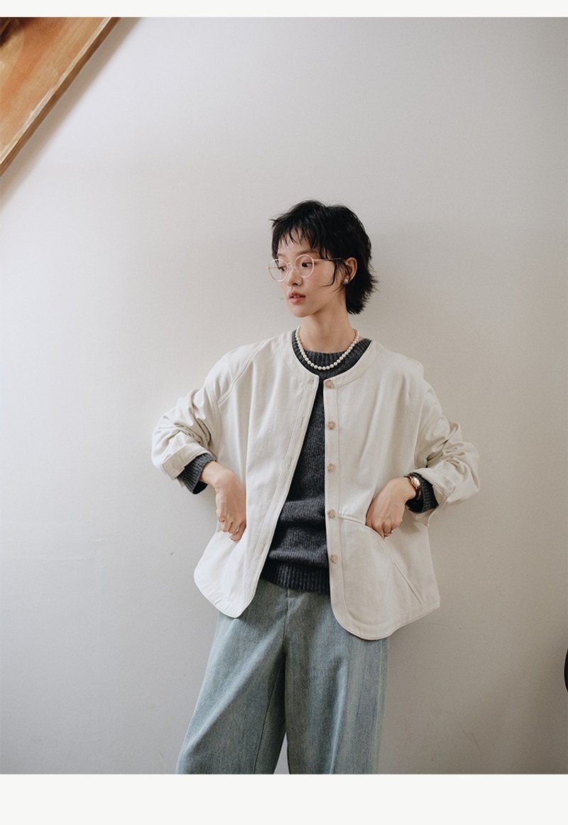 純棉圓領外套明線設計長袖 - 女大衣/外套 - 棉．麻 多色