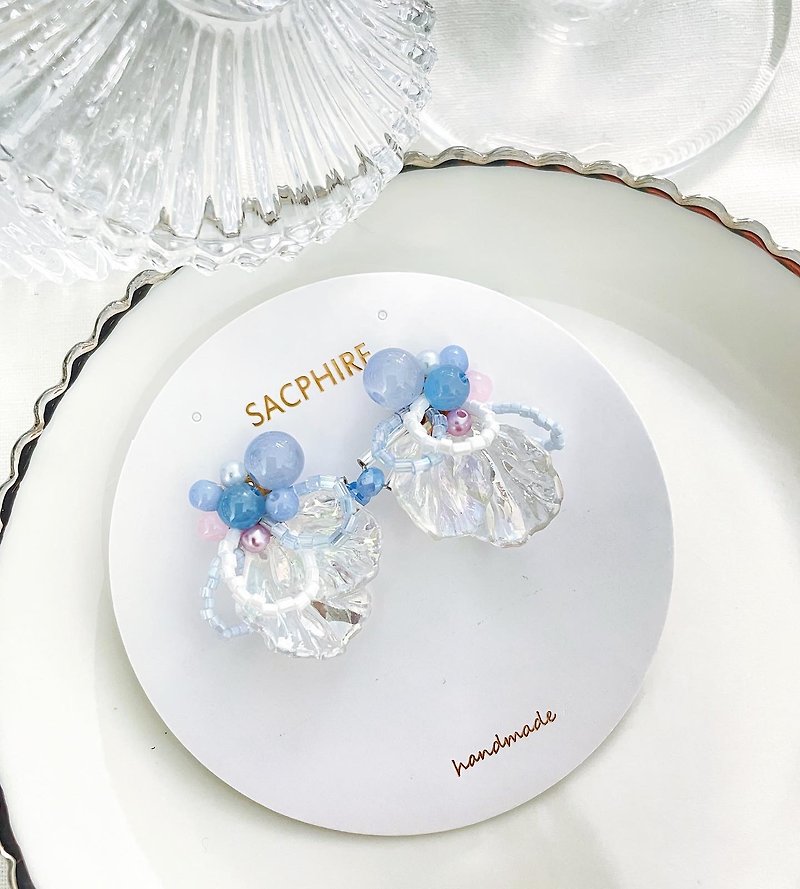 幻彩粉藍冰涼手工串珠耳環 粉彩色 夏日 - 耳環/耳夾 - 其他材質 藍色