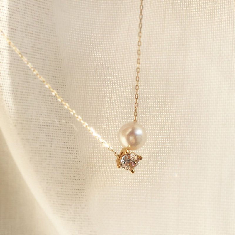 K14gf CZ Necklace,April Birthstone, Akoya Pearl Dainty Necklace - ネックレス - 真珠 ホワイト