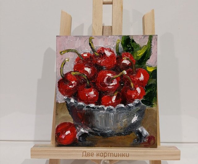 熟したチェリーの絵画 オリジナルアート スイーツアート