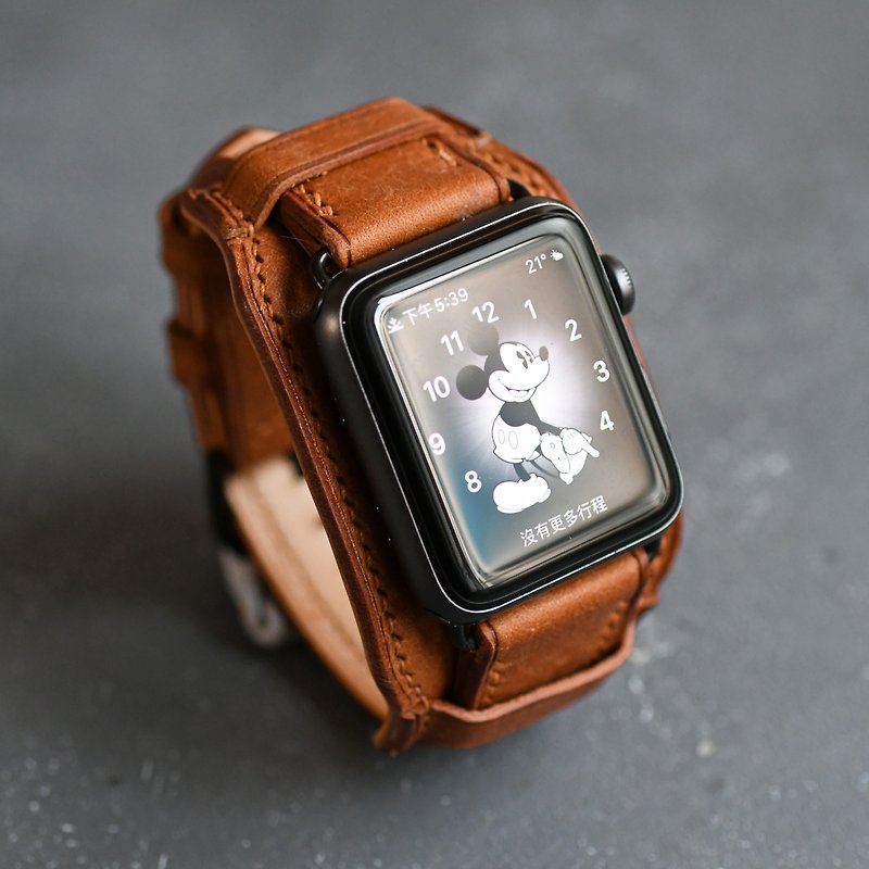 Leather Apple Watch Strap Genuine Leather Handmade Gift 38/40/41/42/44/45mm - สายนาฬิกา - หนังแท้ สีกากี