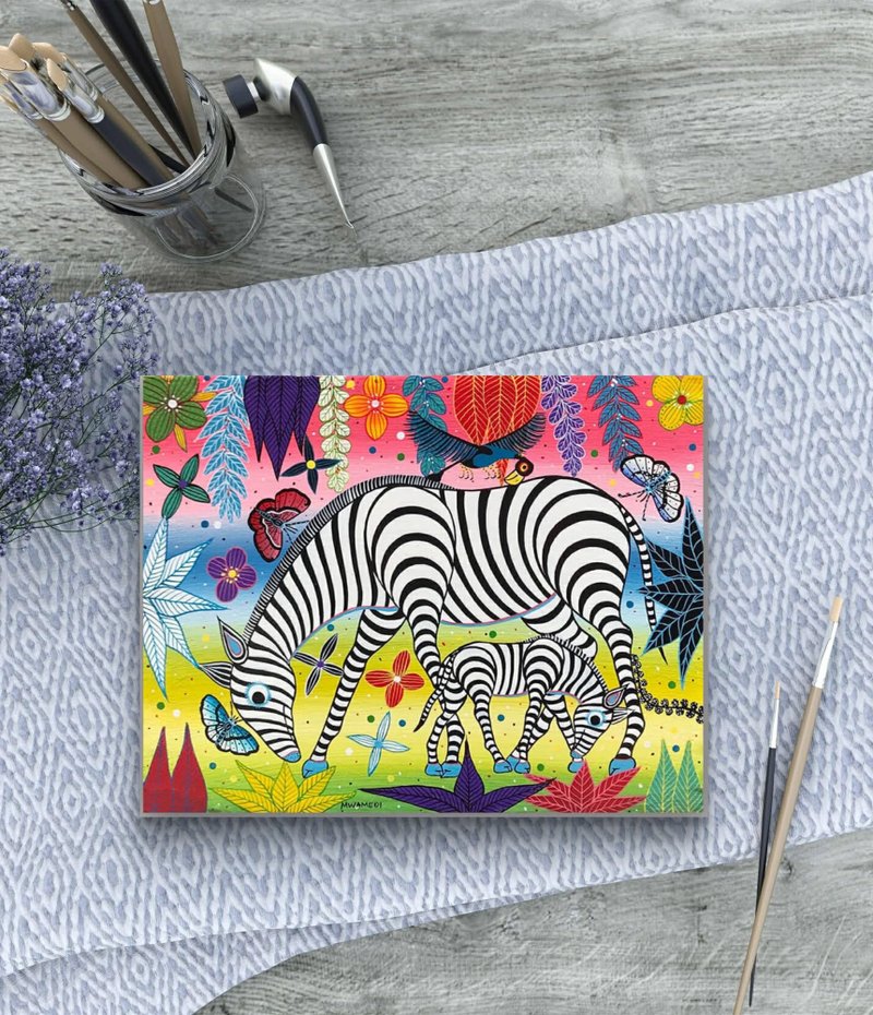 【U476 Zebra Family】Hand-painted Tanzanian Artwork, Wall Art, Home Decor, Gift - โปสเตอร์ - วัสดุอื่นๆ 