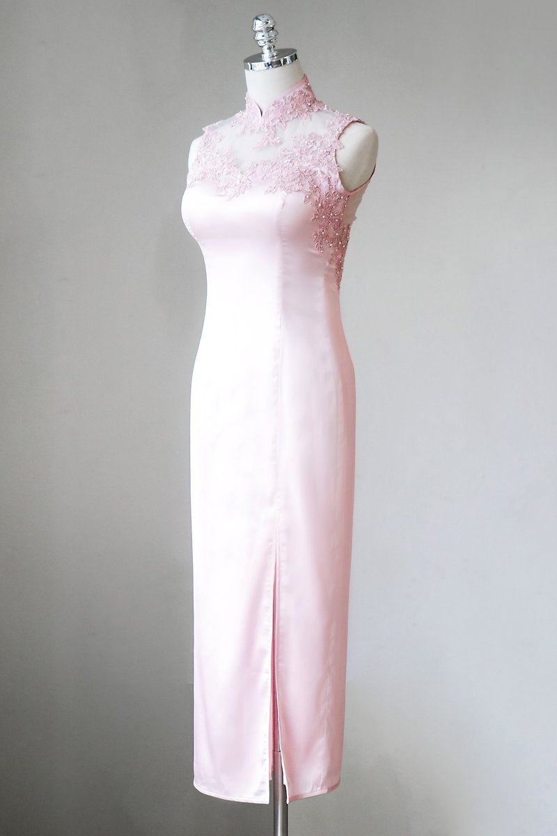 其他材質 旗袍/改良式旗袍 粉紅色 - 胭脂粉無袖蕾絲旗袍