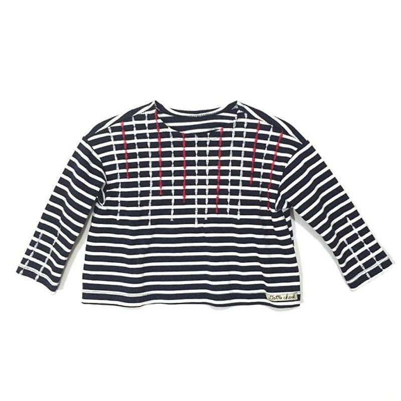 MARINESTYLE Horizontal stripe check long T-shirt - อื่นๆ - ผ้าฝ้าย/ผ้าลินิน สีน้ำเงิน