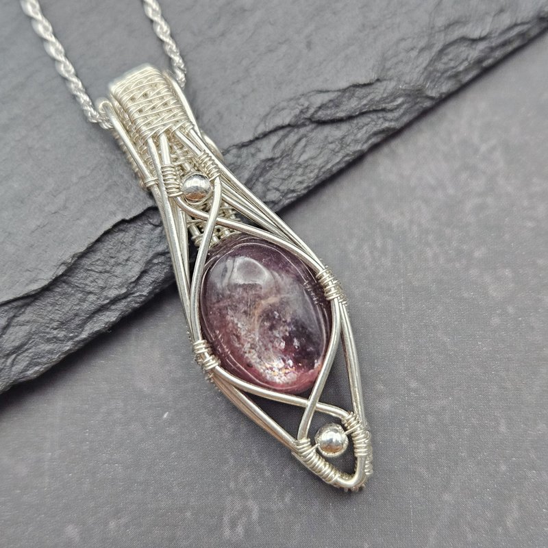 Lepidolite Wire Wrapped Pendant , Silver - Necklaces - Sterling Silver Purple