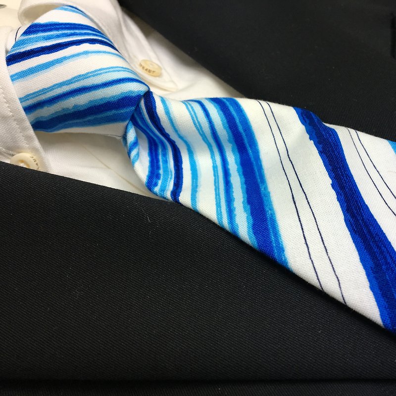 Watercolor painting regimental tie blue necktie - ネクタイ・タイピン - コットン・麻 ブルー