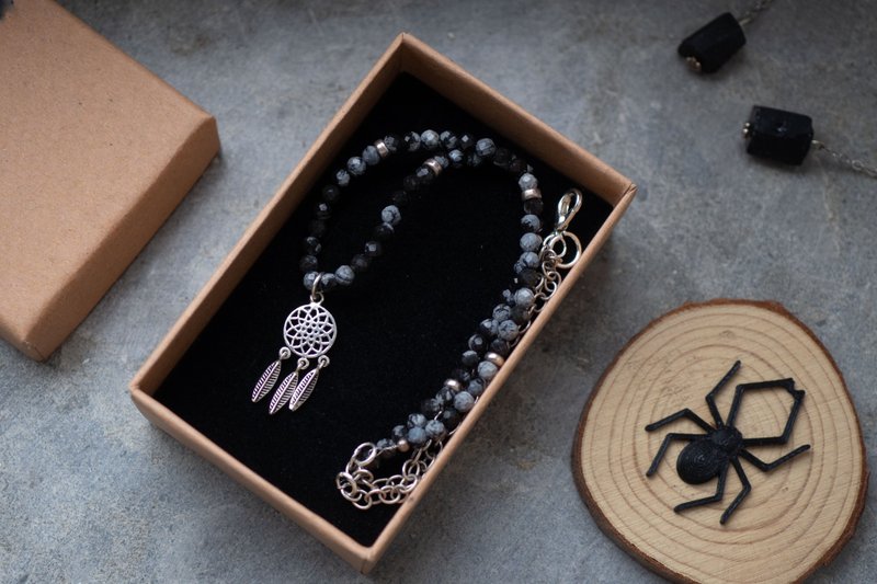 Snowflake Obsidian choker, 925 Silver, Aries gem gift, good sleep, dream catcher - 項鍊 - 寶石 黑色