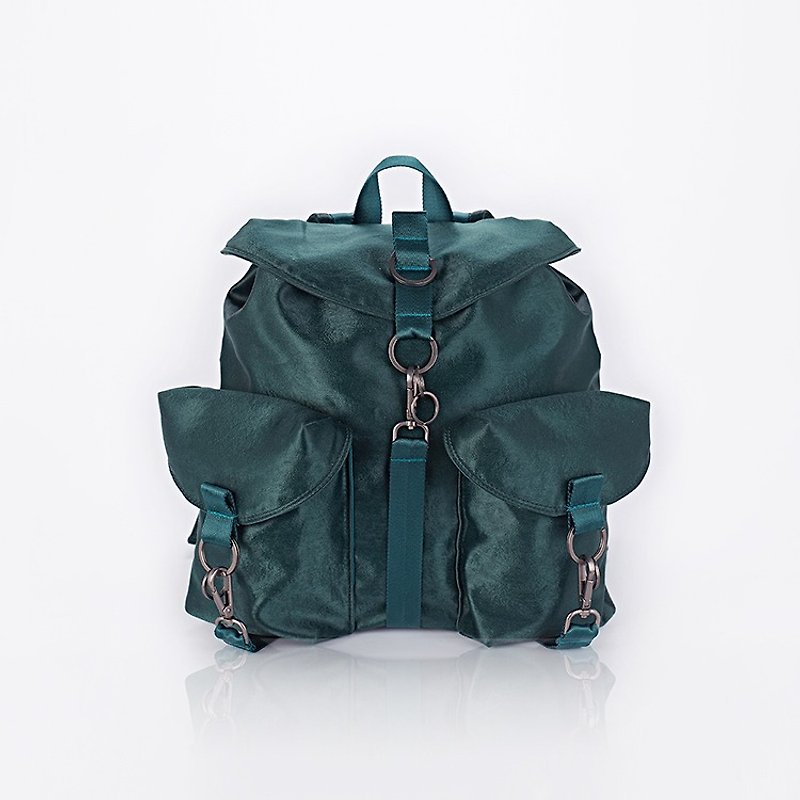【Mell】Military Backpack 簡約 綢緞 墨綠 軍裝 雙肩包 背包 - 側背包/斜孭袋 - 其他材質 綠色
