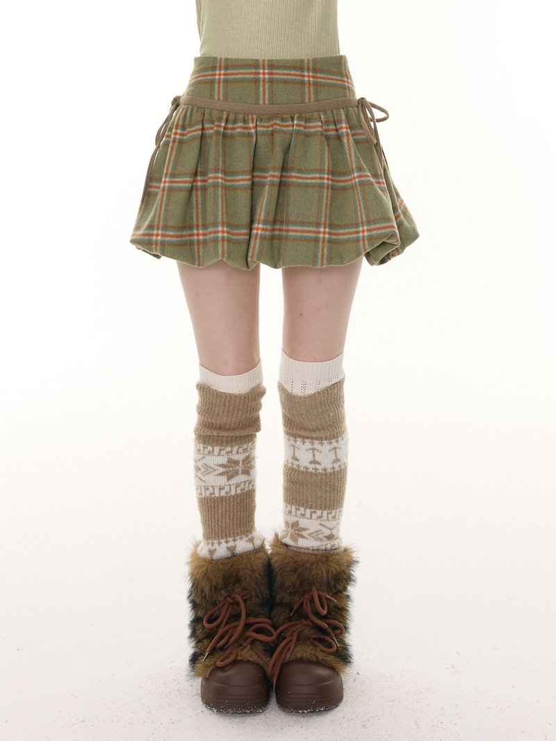 ziziFei秋冬美式復古高腰顯瘦綠色格紋毛系帶兜兜短裙半身裙女 - 裙子/長裙 - 其他材質 綠色