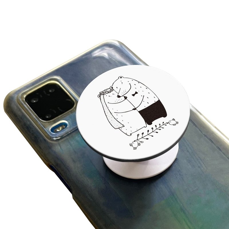 Wedding Day Round Phone Socket Black White Couple Bears Customization Gift - ที่ตั้งมือถือ - พลาสติก ขาว