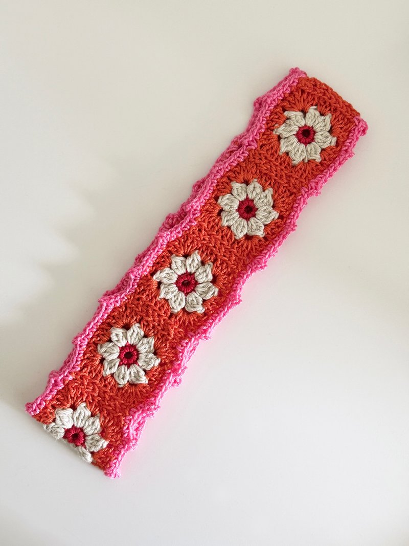 Crochet flower granny square headband - ที่คาดผม - ผ้าฝ้าย/ผ้าลินิน สีส้ม