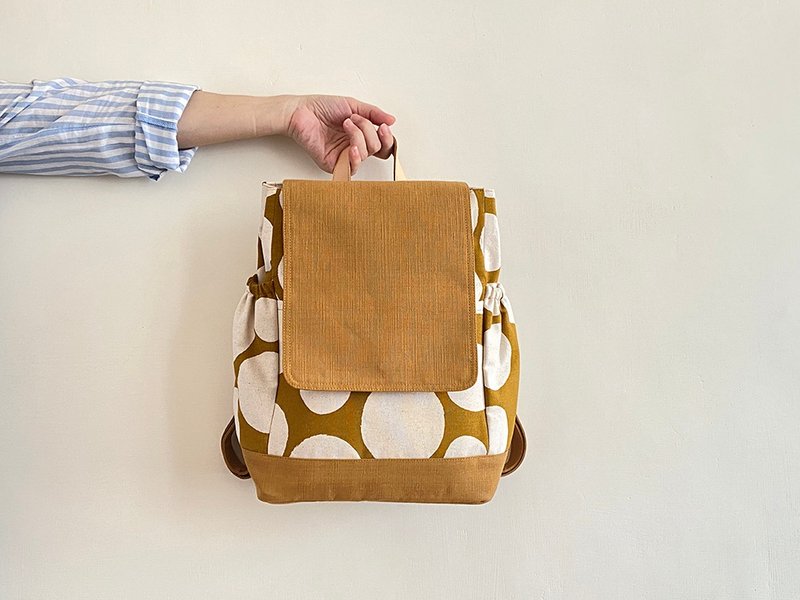 Handcrafted yellow-brown white dumpling cotton with cowhide small backpack - Backpacks - Cotton & Hemp Yellow