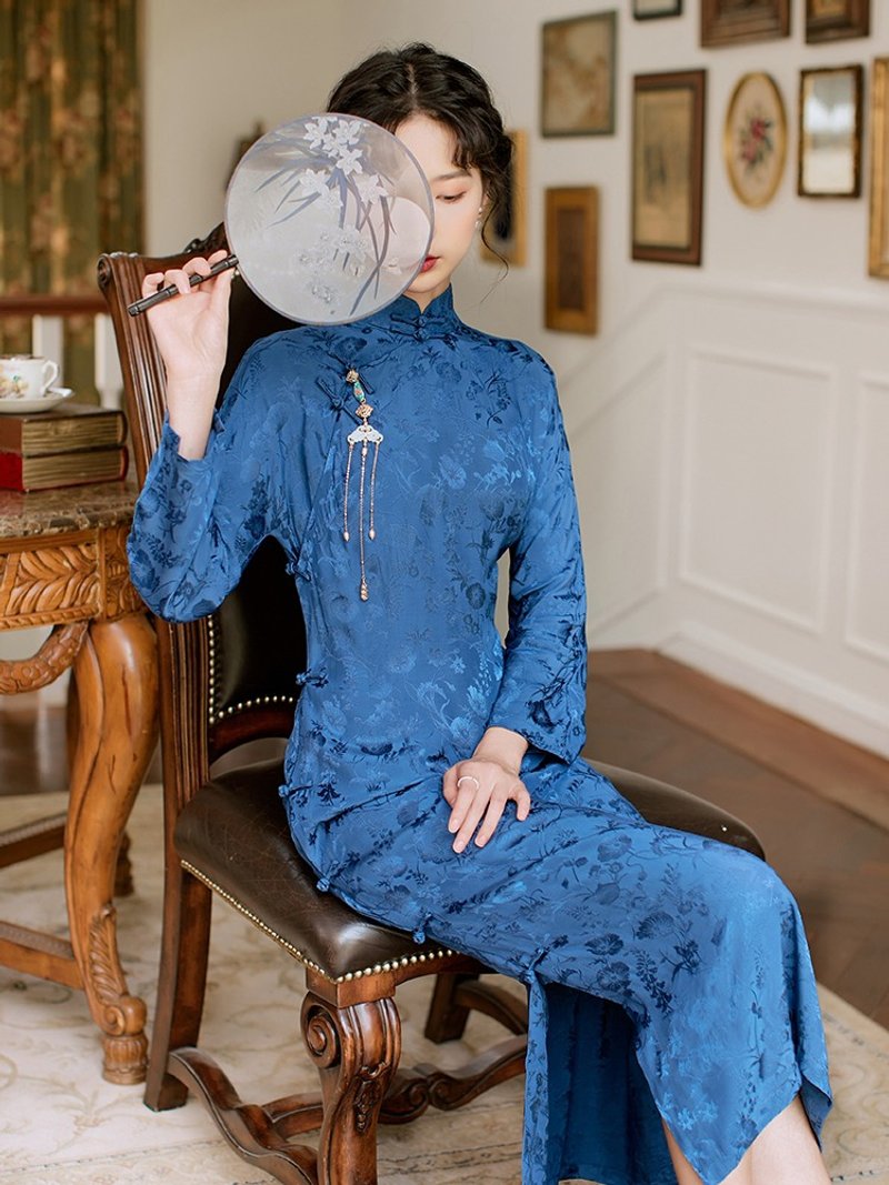 藏青色 朝露 提花全開襟旗袍新娘敬酒服 復古改良新中式國風洋裝 - 旗袍/改良式旗袍 - 聚酯纖維 藍色