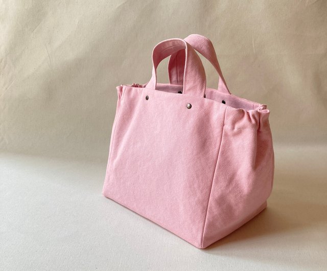 ハンドメイド作品-生成帆布とパステルピンクレザー トートバッグ お買い得！】 ハンドメイド作品-生成帆布とパステルピンクレザー