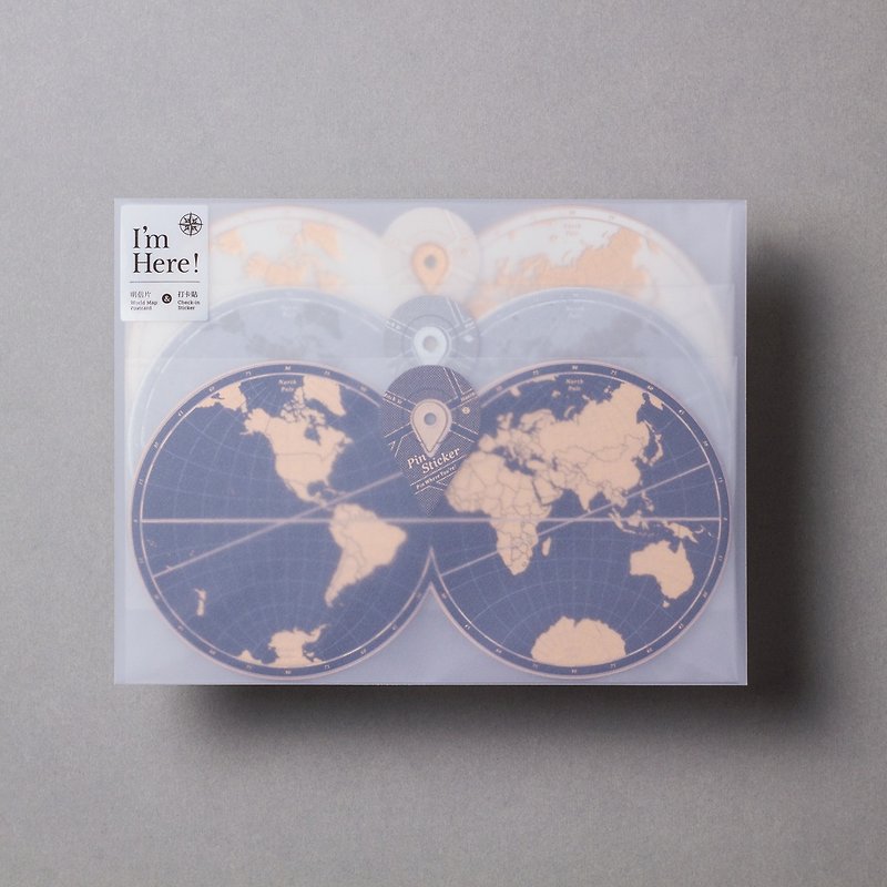 I'm Here! WorldMap Postcard【3-Color Set】Travel/ Letterpress/ Rosegold foil/ Pin - Cards & Postcards - Paper Multicolor