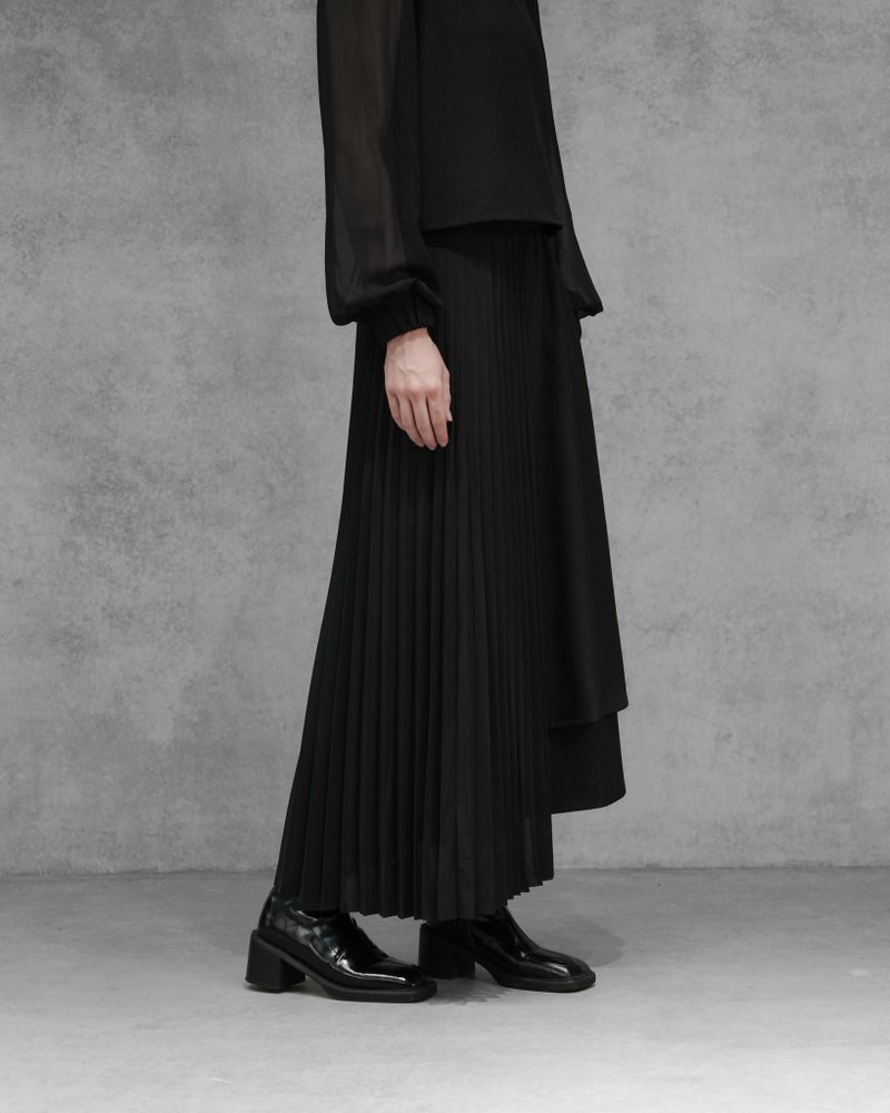 MUKK DESIGN 單邊百褶雙層裙 - 裙子/長裙 - 聚酯纖維 黑色