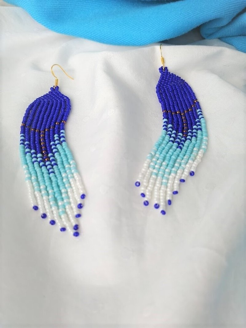 Blue beaded earrings, Fringe earrings, Blue long earrings, Dangle earrings. - Earrings & Clip-ons - Glass Blue