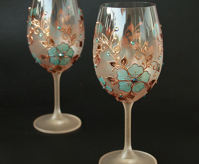 Blue Flowers Wine Glasses, Swarovski Crystals Hand-paintedsetof 2 - Shop  NeA Glass Bar Glasses & Drinkware - Pinkoi