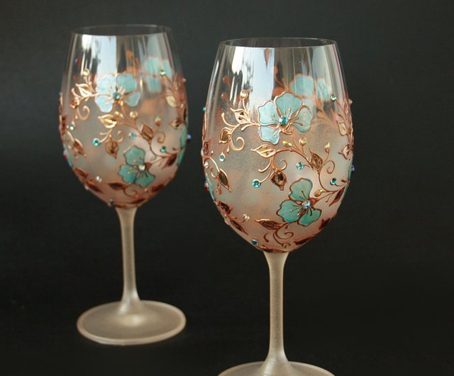 Blue Flowers Wine Glasses, Swarovski Crystals Hand-paintedsetof 2 - Shop  NeA Glass Bar Glasses & Drinkware - Pinkoi