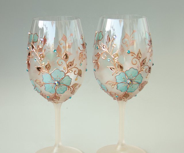 Blue Flowers Wine Glasses, Swarovski Crystals Hand-paintedsetof 2 - Shop  NeA Glass Bar Glasses & Drinkware - Pinkoi