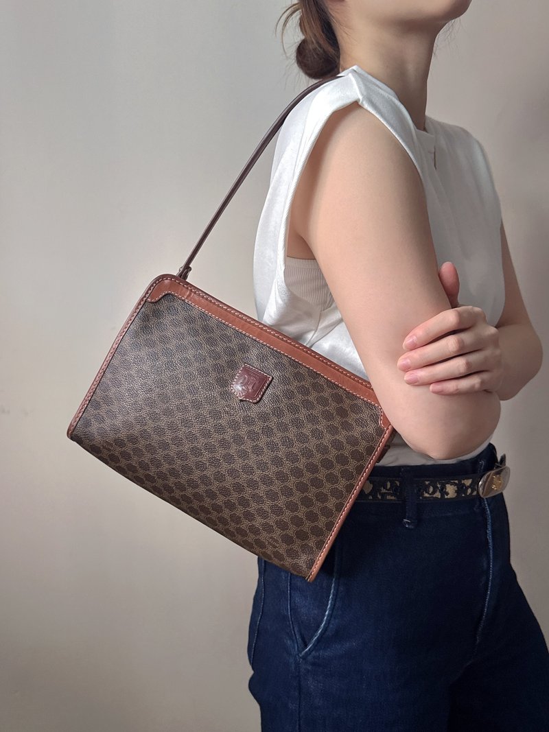 中古正品 Celine 老花手拿包 男女適用 斜背包 腋下包兩用 - 手提包/手提袋 - 真皮 咖啡色