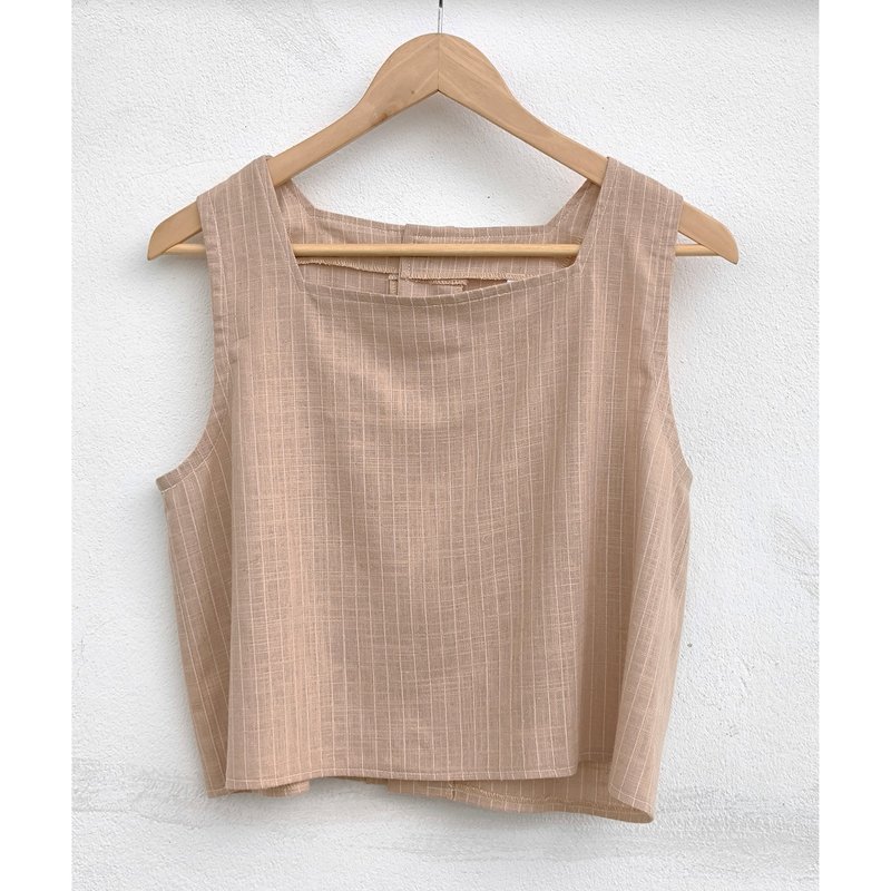 Cotton | Square Neck Tank Top, Light Brown with White Stripes - 女上衣/長袖上衣 - 棉．麻 卡其色